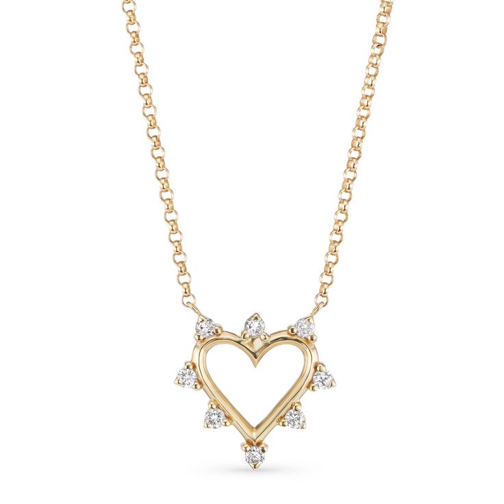 Handcrafted in Manhattan from the highest quality materials, Marlo Laz jewels are modern heirlooms and precious talismans. The Mini Open Heart Necklace is a constant reminder to face the day with an open mind. Hand-cast in 14K gold and adorned with white diamonds, this accessory is a special gift for yourself or someone you hold dear. Product Details 14K yellow gold with white diamonds. Made in Manhattan. Care Instructions Spot clean. Size & Fit 0.5" L Shipping Details Please allow 3 weeks for s Diamond Heart Pendant Wedding Jewelry, Diamond White Heart Pendant Necklace With 17 Jewels, Luxury Heart-shaped Jewelry With Rose Cut Diamonds, Formal Diamond Heart Charm Jewelry, Heirloom Jewelry With Rose Cut Heart Diamonds, Luxury Heart-shaped Rose Cut Diamond Jewelry, Luxury Heart Cut Single Diamond Necklaces, Dazzling Gold Heart Pendant Necklace, Luxury Heart-shaped Diamond Necklace With 17 Jewels