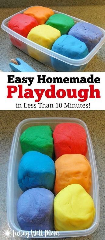 homemade playdoughs in plastic containers with text overlay that reads easy homemade playdough in less than 10 minutes