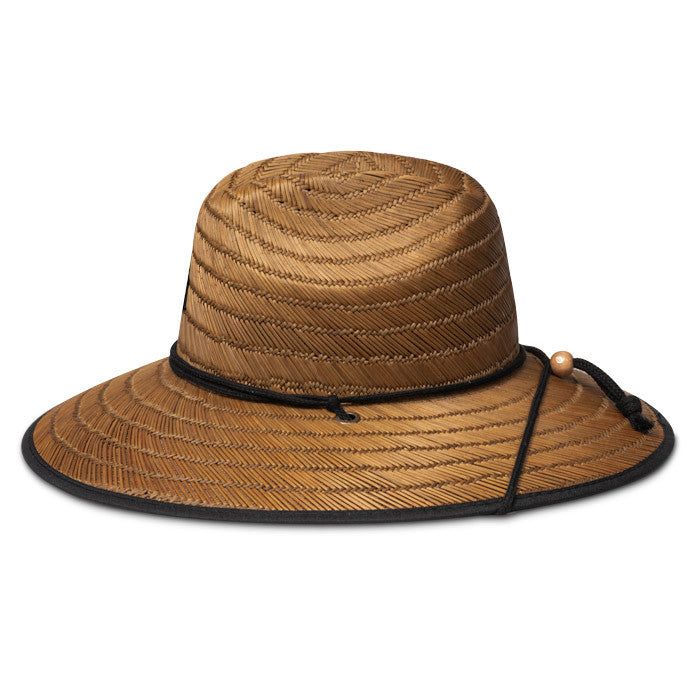 The Kooringal Hastings Surf Straw Lifeguard Hat is a perfect style to keep the sun off you whether you're gardening, spending the day at the beach, or anywhere you need total coverage. This traditional lifeguard style features a large 4.5" brim make of rush straw woven in a counter-clockwise direction. The crown comes adorned with a small Kooringal beach/mountain patch and is finished with a chin cord for windy days. The under brim is lined with fabric blocking out 99.9% of harmful UV rays and the style comes with an elasticized sweatband for easy sizing and comfort. This hat is a great all-rounder! Brim: 4.5" Crown: 4.5" front | 6" sides Beach Bucket Hat With Adjustable Fit And Flat Brim, Adjustable Fit Flat Brim Bucket Hat For Beach, Adjustable Fit Bucket Hat For Beach With Flat Brim, Brimmed Straw Hat For Summer Outdoor Activities, Summer Brimmed Straw Hat For Outdoor Activities, Adjustable Brimmed Beach Hats, Adjustable Casual Panama Hat For Outdoor Activities, Adjustable Beach Bucket Hat, Adjustable Fit Bucket Hat For Beach Season