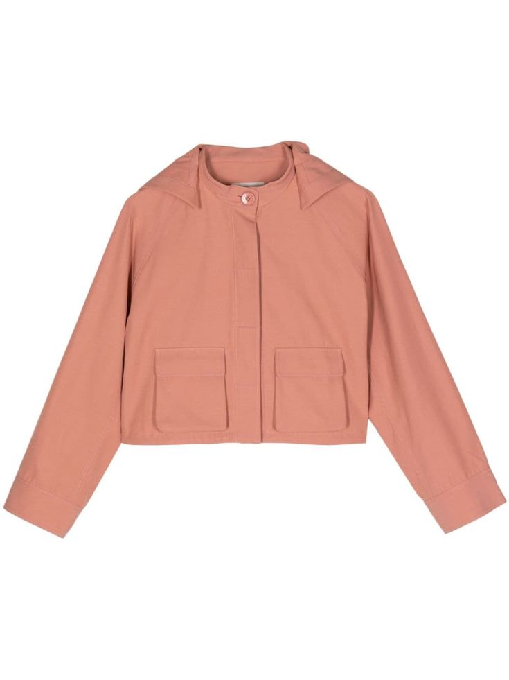 coral panelled design detachable hood band collar concealed front button fastening long raglan sleeves buttoned cuffs two front cargo pockets straight hem Shiatzy Chen, Versace Outfit, Cargo Jacket, Yoko London, Iconic Bags, Band Collar, Detachable Hood, Workout Jacket, Lady Dior