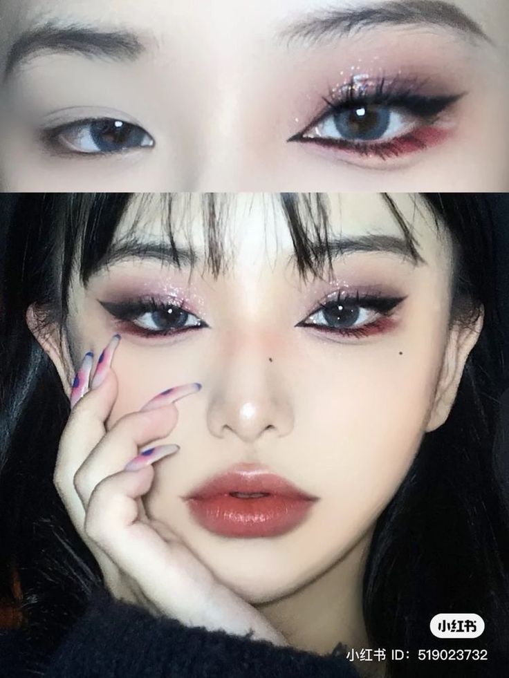 douyin makeup style asian fox eye kawaii baddie makeup tutorial eyelash eyeliner eyeshadow cut crease cute fierce red under eyeliner sharp nails Edgy Asian Makeup, Half Caked Makeup, Anime Inspired Makeup, Extreme Make-up, Make Up Mata, Make Up Designs, Douyin Makeup, Doll Eye Makeup, Swag Makeup