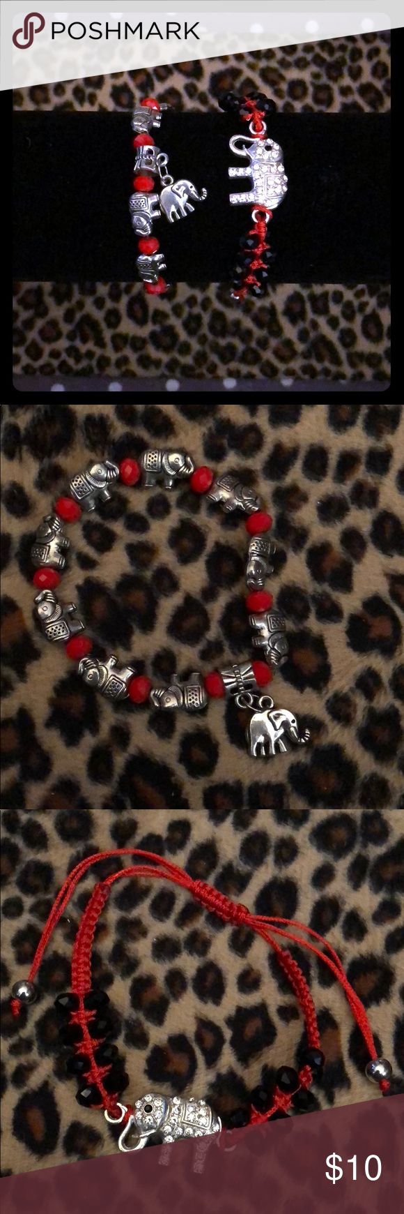 Elephant / good luck bracelet First one has 9 elephants all around plus the charm elephant with red beads in between. And is put together with stretchy string. 2nd has a large elephant necklace with little stones in it, red string and black beads for the design. It is an adjustable bracelet. Each is $10.  I will be adding a picture of all bracelets available and if interested you can buy them all together as a lot for a reduced price! I have closed shop locally & will be posting all items and taking all reasonable offers!!! Jewelry Bracelets Red Beaded Charm Bracelet For Jewelry Making, Red Faceted Beads Bracelet For Festival, Red Metal Beaded Bracelet With Round Beads, Handmade Red Metal Charm Bracelet, Red Bracelets With Silver Beads For Jewelry Making, Red Beaded Stretch Bracelet For Festival, Bohemian Red Beaded Bracelets With Silver Beads, Bohemian Red Beaded Bracelet With Silver Beads, Bohemian Red Beaded Stretch Bracelet