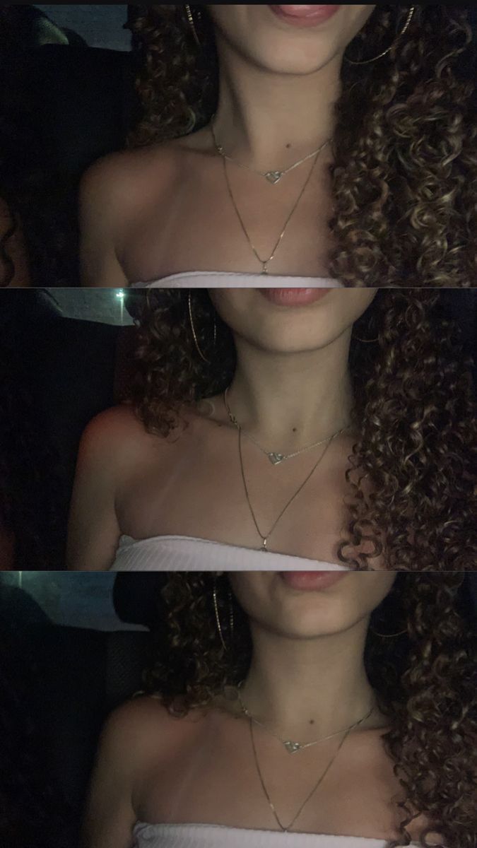 three pictures of a woman with curly hair and wearing a white shirt, one showing the neckline