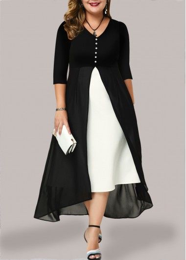 ROTITA Plus Size Cold Shoulder Solid Dress | Rotita.com - USD $37.98 Wedding Dress Black, Casual Dresses Plus Size, Contrast Dress, Elegant Maxi Dress, Black And White Dress, Plus Size Maxi, Looks Chic, Plus Size Maxi Dresses, Daily Dress