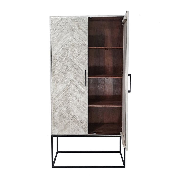 a cabinet with two doors and shelves on one side, an open door to the other