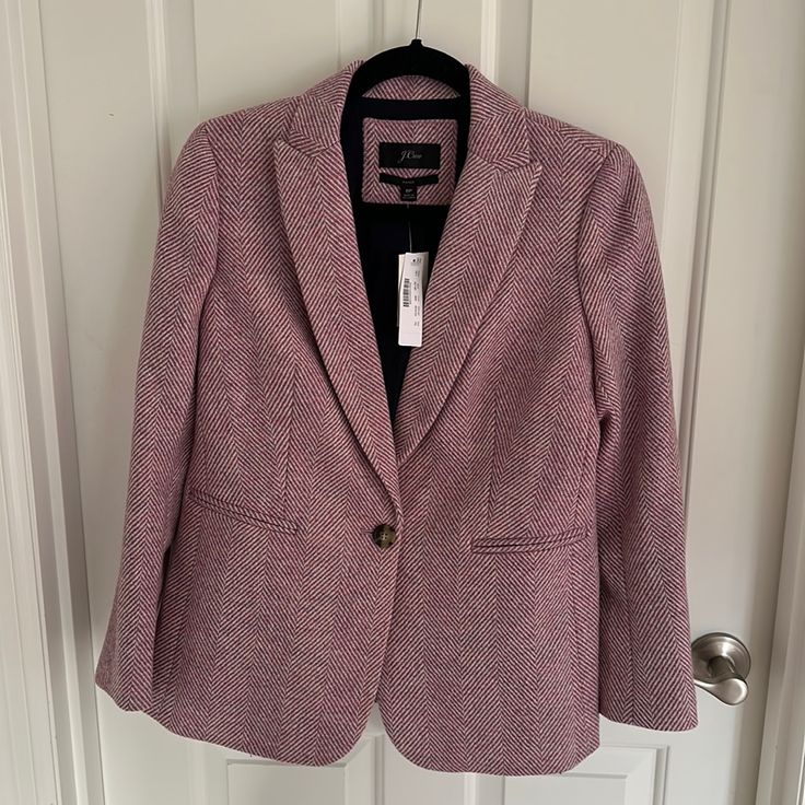 New With Tags Classic Purple Outerwear For Work, Winter Purple Blazer For Office, Winter Office Purple Blazer, Elegant Lavender Blazer For Work, Purple Notch Lapel Outerwear For Fall, Purple Notch Lapel Outerwear For Work, Purple Notch Lapel Outerwear For Office, Classic Purple Blazer For Spring, Lavender Blazer For Spring Workwear