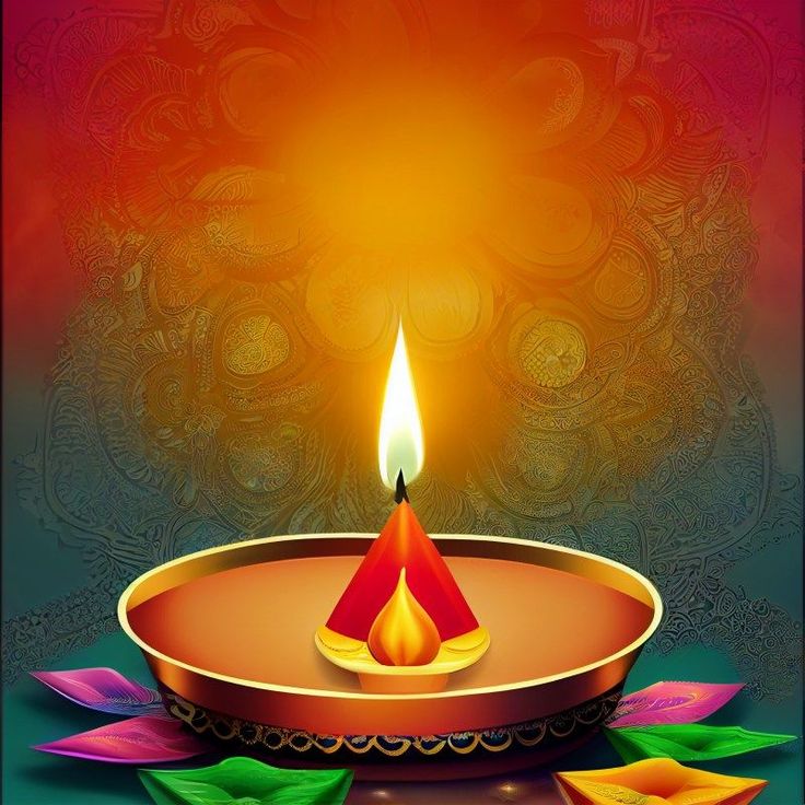 a lit diya with colorful flowers on the side and an artistic background behind it