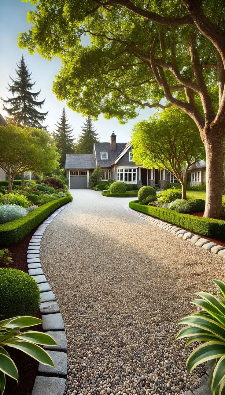 a driveway leading to a large house surrounded by trees