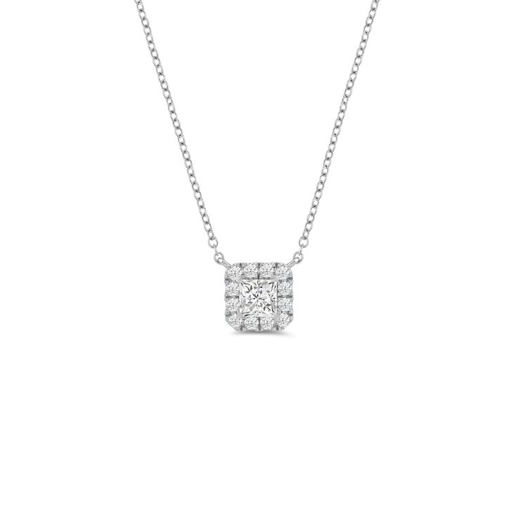 If you need a diamond necklace with a more feminine vibe, this is the one. This white gold necklace features a princess-cut diamond framed by a rounded square halo of round diamonds. Count on this piece to add a little pop of twinkly chic to your looks. White Gold Necklace, Diamond Frame, Rounded Square, White Gold Necklaces, Princess Cut Diamonds, Lab Created Diamonds, Princess Cut, Round Diamonds, Diamond Necklace