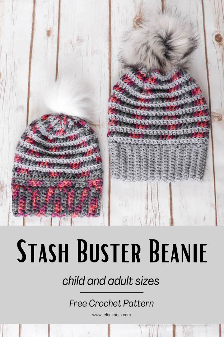 two crocheted beanies with text that reads, crinkle beanie child and adult sizes free crochet pattern