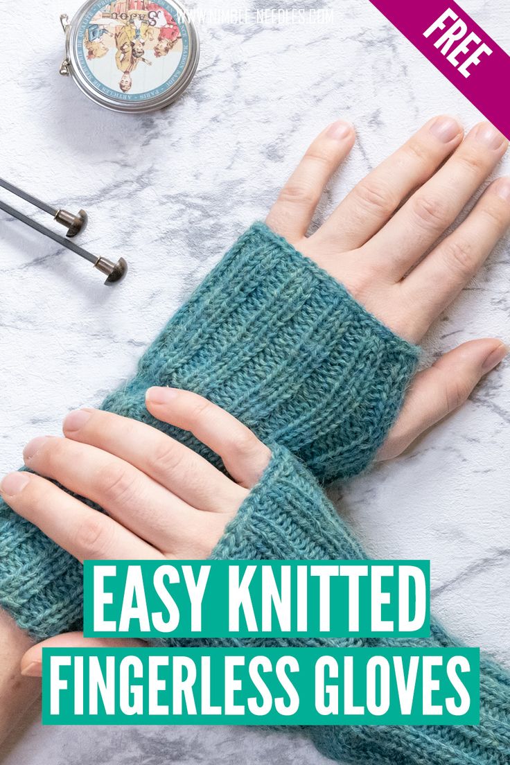 two hands wearing knitted fingerless gloves with the text easy knitted fingerless gloves