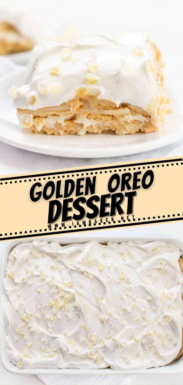 there is a piece of cake on the plate and another slice has a sign that says, you're gon na love it golden oreo dessert