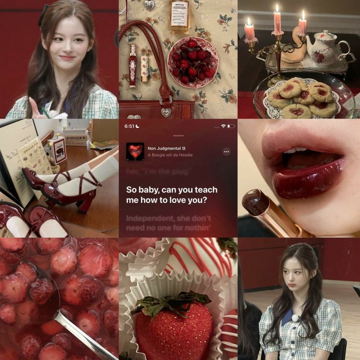 a collage of photos with red lipstick and food