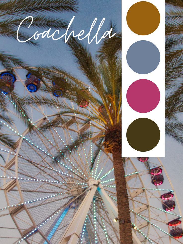 a ferris wheel and palm trees with the words coachella in front of it,