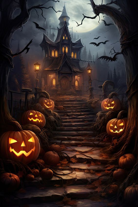 a halloween scene with pumpkins on the ground and a house in the background at night