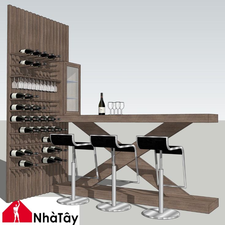 a rendering of a wine rack and table with four stools in front of it