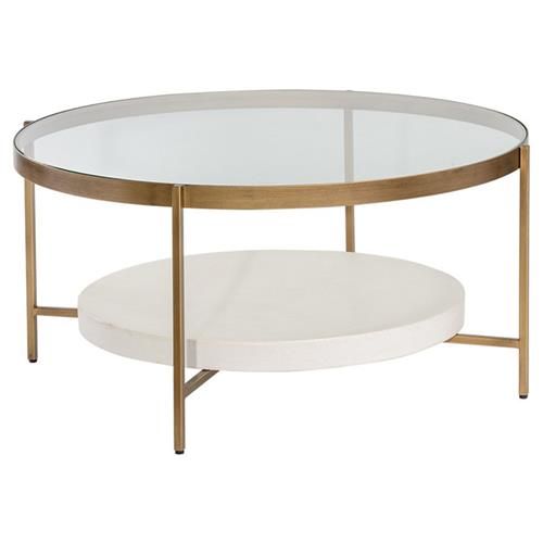 an oval glass coffee table with gold metal frame and white marble top, viewed from the side