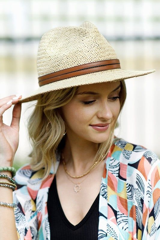 NON-ELIGIBLE FOR RETURN. FINAL SALE Channel your inner cowgirl with our Western Dreamer Panama Hat. Designed with rustic charm and western flair, this wide brim hat is perfect for western country concerts, a day on the ranch, or a sunny resort vacation, offering both style and sun protection. Handmade Woven Crisscross Pattern Style: Western Panama Hat Vegan Leather Band Accent 100% Paper Circumference: 22.25" Brim: 2.75" Crown height: 4.75" One size fits most One Size Fits Most Sun Hat With Curved Brim, Wide Brim Sun Hat For Ranch, Adjustable Casual Hat For Ranch, Casual Adjustable Hat For Ranch, Adjustable Country Style Fedora Sun Hat, Casual Brimmed Hat For Ranch, Western Style Cream Panama Hat, Country Style Brimmed Fedora (one Size Fits Most), Natural Brimmed Hat For Ranch