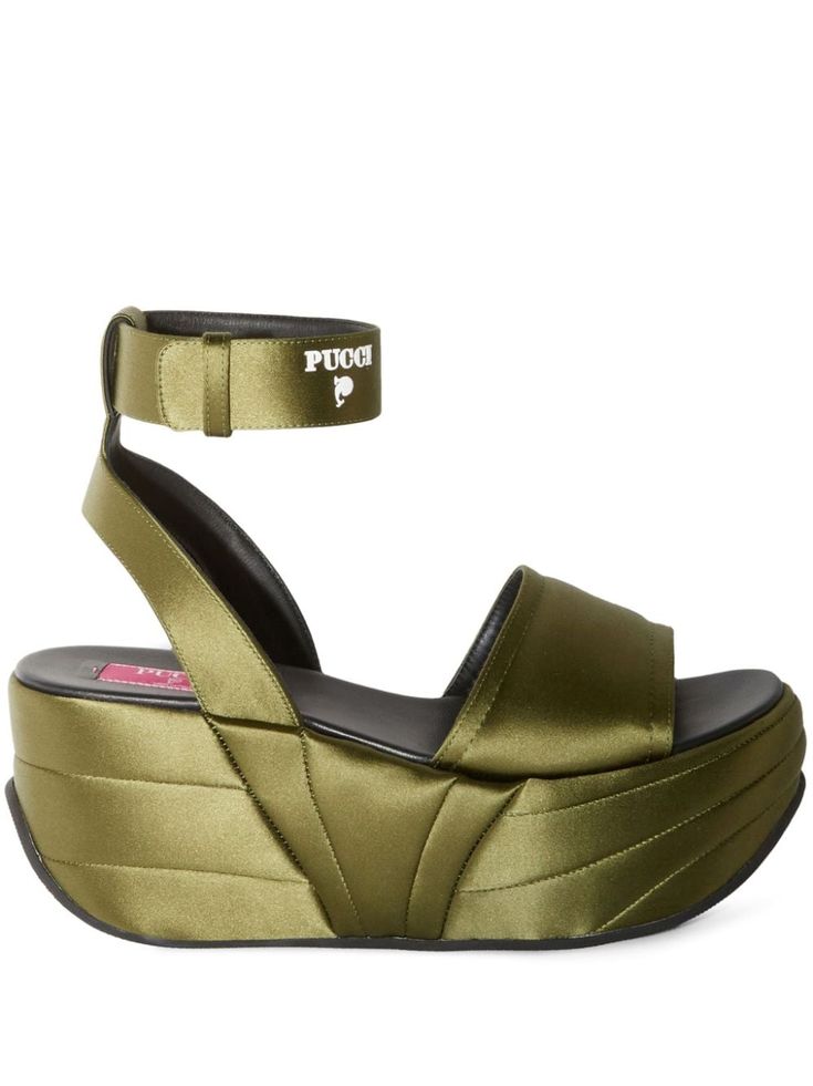 green leather satin finish buckle-fastening ankle strap branded footbed round open toe platform sole Green Platform Sandals, Green Platform, Versace Outfit, Chanel 2, Summer Beach Wear, Boots And Sneakers, Flat Boots, Ballet Flat Shoes, Emilio Pucci