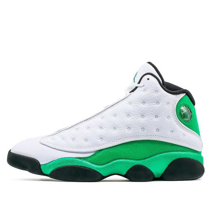 Inspired by Michael Jordan’s reputation for cat-like reflexes on the court, Tinker Hatfield adds an unconventional holographic eye and an outsole resembling a panther paw into the Air Jordan 13. Other details include carbon fiber plate and Zoom Air. \n Green Jordan Shoes With Rubber Sole For Sports, Green Breathable Jordan Shoes For Streetwear, Green High-top Breathable Jordan Shoes, White Custom Sneakers For Light Sports With Rubber Sole, Green Breathable Jordan Shoes For Sports, Sporty Green Jordan Shoes With Abzorb Midsole, White Basketball Shoes With Contrast Sole For Sports, Custom White Sneakers With Abzorb Midsole, White Basketball Shoes With Contrast Sole