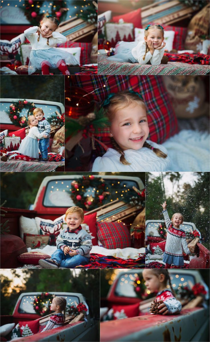 Christmas mini inspo Christmas Pictures In Truck, Red Truck Christmas Minis, Santa Red Truck Photos, Christmas Truck Pictures Family Pics, Outside Christmas Mini Session Ideas, Diy Christmas Photo Shoot Toddler, Christmas Truck Mini Sessions Poses, Christmas Mini Truck Sessions, Red Truck Mini Session