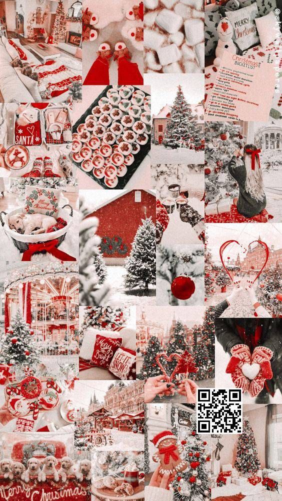 a collage of red and white pictures with hearts, snowflakes, christmas trees