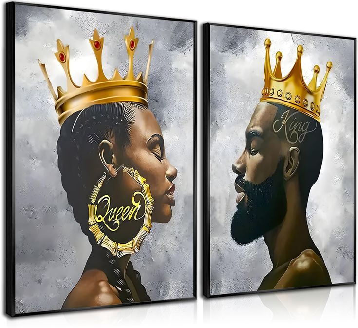 two paintings of black women with crowns on their heads, one wearing a gold crown