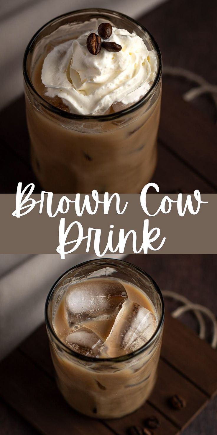 two glasses filled with brown cow drink on top of a wooden table