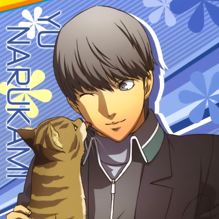 an anime character holding a cat in front of a blue and yellow background with flowers