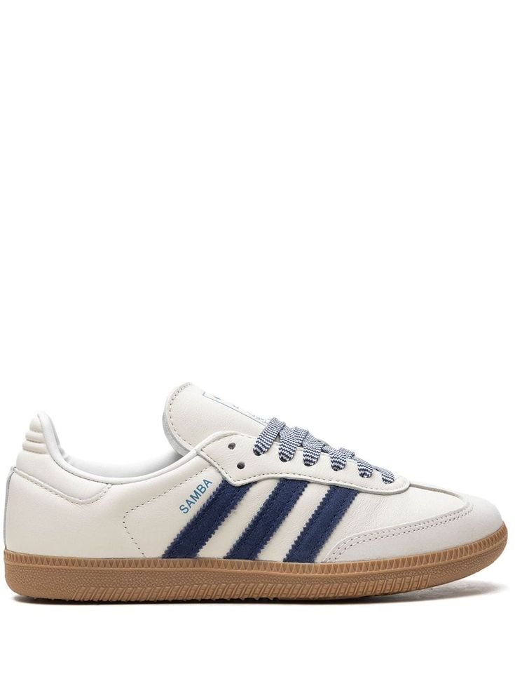 "Find ADIDAS Samba Og \"\"off Dark Blue\"\" Sneakers on Editorialist. off-white blue leather front lace-up fastening signature 3-Stripes logo logo patch at the tongue contrasting laces round toe branded insole gum-rubber sole These styles are supplied by a premium and authenticated sneaker marketplace. Stocking only the most sought-after footwear, they source and curate some of the most hard to find sneakers from around the world." Colors That Go Good With Navy Blue, Cute Shoes For Fall, Navy Blue Sambas, Cute Sambas, Adidas Trendy Shoes, Platform Sambas, Shoes For Italy, Fall Outfits Shoes, Matching Shoes For Couples