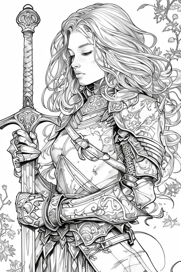 Dungeons And Dragons Coloring Pages, Warrior Woman Drawing, Drawing Basics Learning, Fantasy Colouring Pages, Education Drawing, Drawing Basics, Warrior Drawing, Learning Art, Color Drawing Art