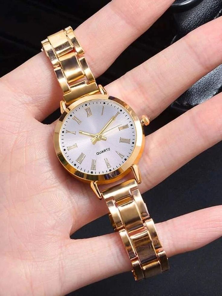 1pc Round Pointer Quartz Watch & 1pc Bracelet | SHEIN Golden Watch, Bracelet Love, Love Bracelet, Gold Alloys, Kids Watches, Valentines Gifts For Her, Bracelet Clasps, Bangle Set, Watch Gifts