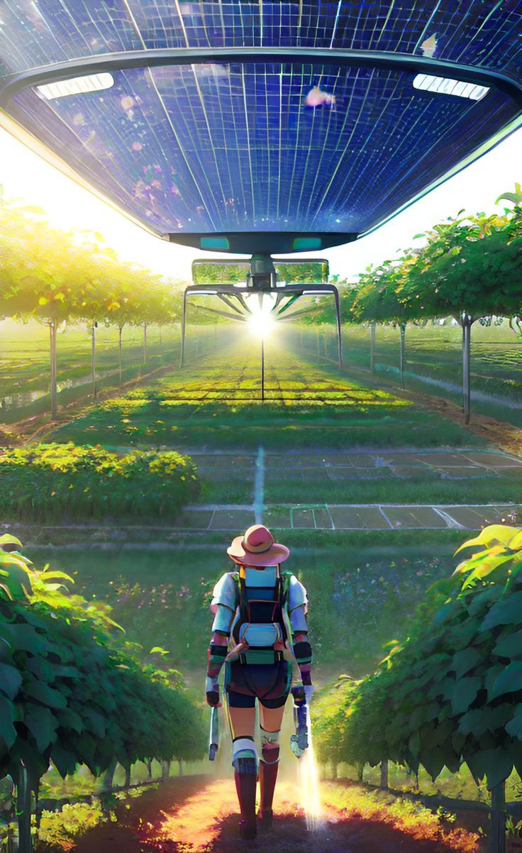 a man walking down a dirt road under a solar powered sky filled with trees and plants