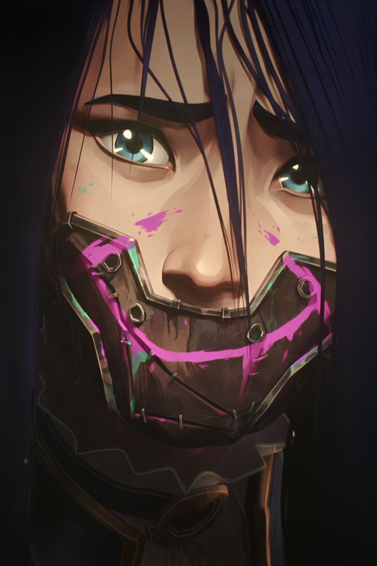 an anime character with blue eyes and black hair, wearing a pink face paint job