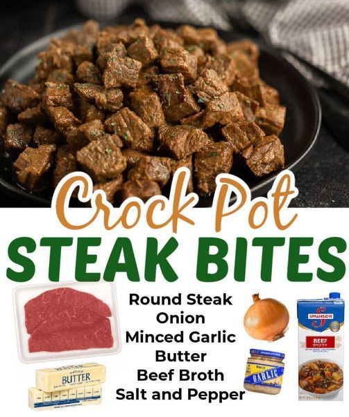 an advertisement for steak bites on a plate with meat and cheese in the background, including beef