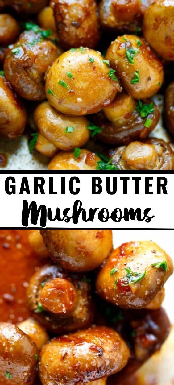 garlic butter mushrooms in a pan with text overlay