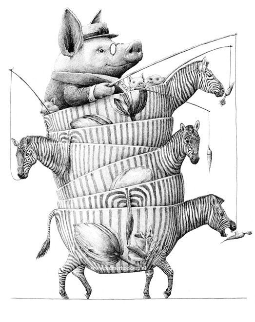 a drawing of three pigs riding on top of zebras and one pig holding a fishing rod