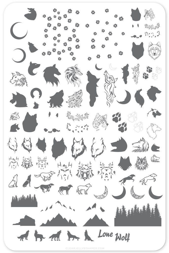 the love wolf stamp set is shown in black and white, with an assortment of different animals