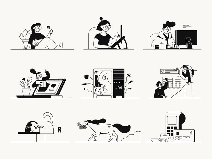 black and white illustrations of people working on computers