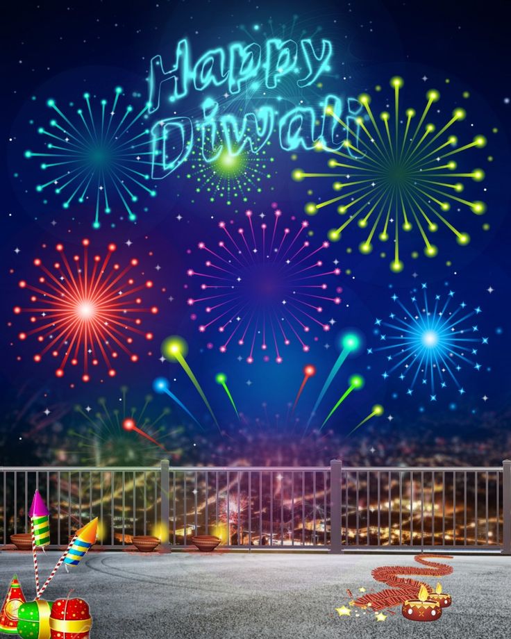 fireworks are lit up in the night sky with happy diwali written on it