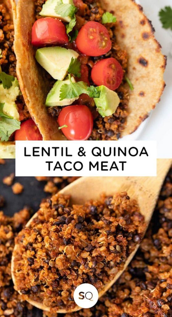 lentil and quinoa taco meat with tomatoes, avocado and lettuce