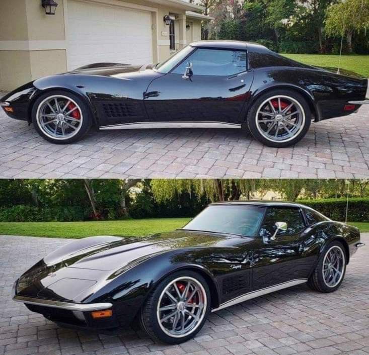 two pictures of the same car in different stages of being painted black and red, one is