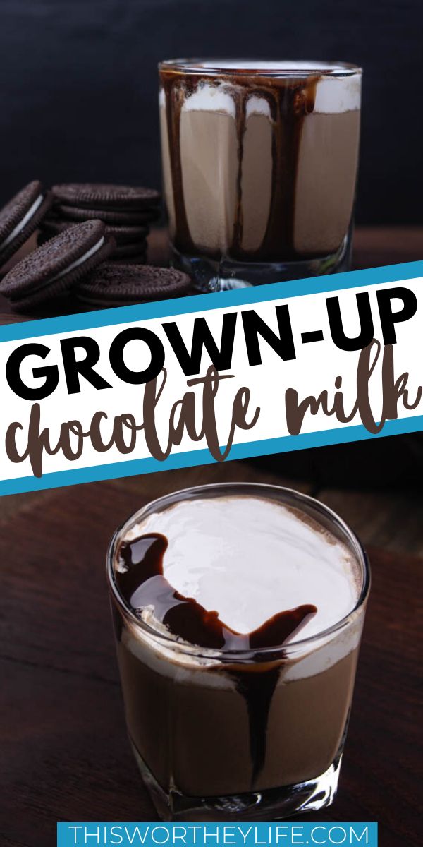 two glasses of chocolate milkshake with the words grown up chocolate milkshake