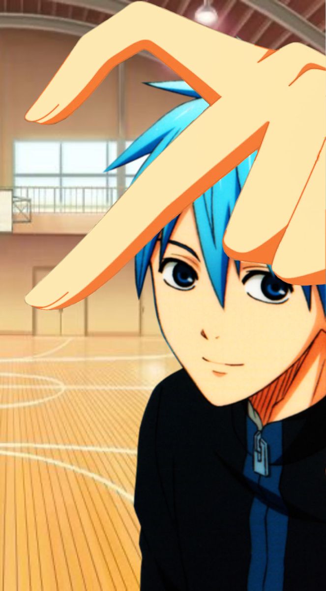 an anime character with blue hair and black shirt standing in front of a basketball court