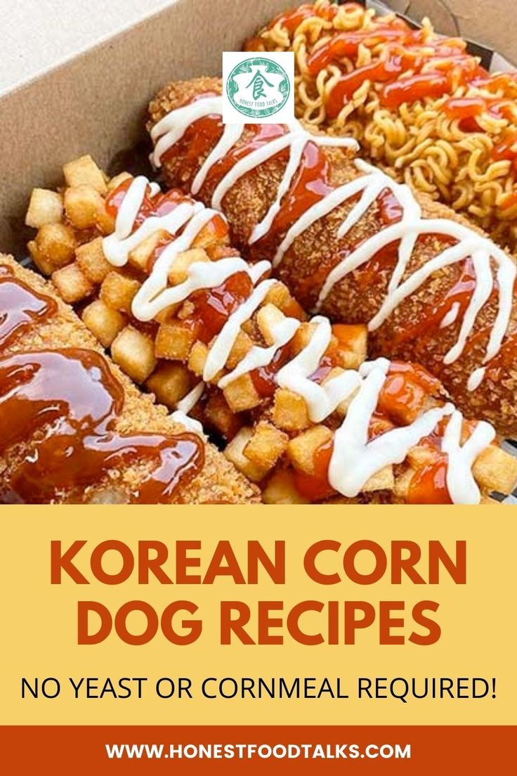 korean corn dog recipes in a box with noodles and coleslaw on the side