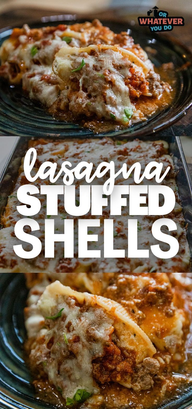 two servings of lasagna stuffed shells with cheese and ground meat on top