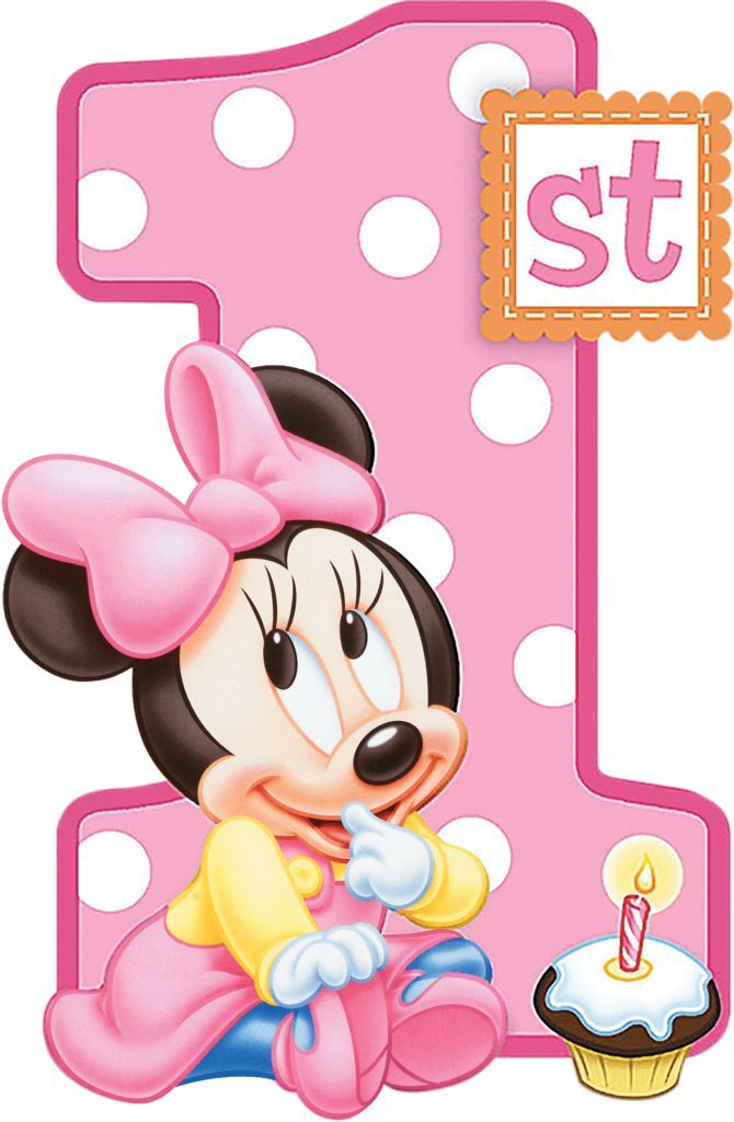 a pink and white number one with a minnie mouse holding a cupcake in front of it