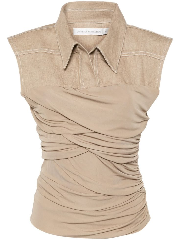 taupe brown classic collar V-neck ruched bodice concealed side zip fastening curved hem Classic Shirts Women, Luxury Ruched Feminine Tops, Luxury Fitted Ruched Tops, Chic Brown Ruched Tops, Luxury Ruched Satin Tops, Luxury Ruched Cropped Top, Moda Operandi 2024, Christopher Esber, Ruched Top