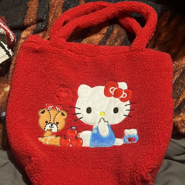 Red Hello Kitty Tote Bag With Zipper Sanrio Tote, Hello Kitty Tote Bag, Hello Kitty Tote, Red Hello Kitty, Sanrio Bags, Sanrio Bag, Tote Bag With Zipper, Felt Tote, White Tote Bag