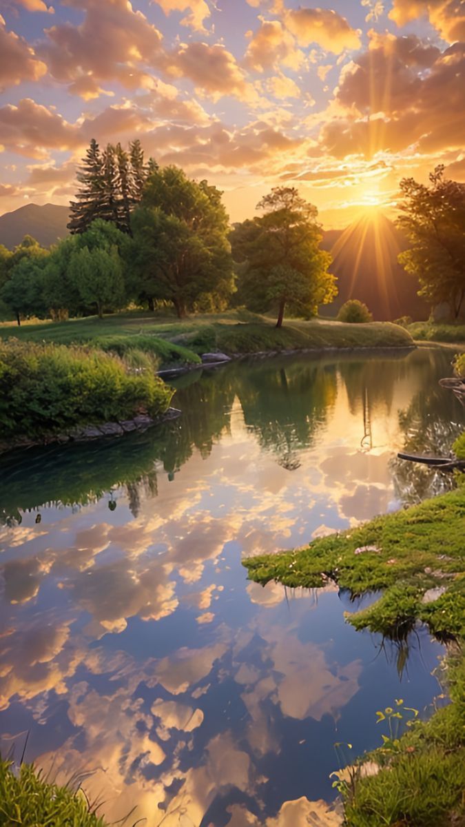 the sun is setting over a river with green grass and trees in the foreground